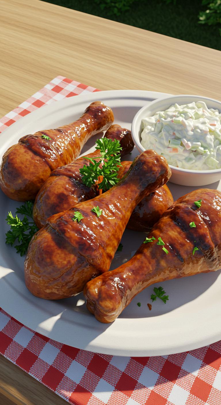 Grilled BBQ chicken drumsticks with a shiny glaze, arranged on a picnic plate with fresh parsley garnish and a side of coleslaw.