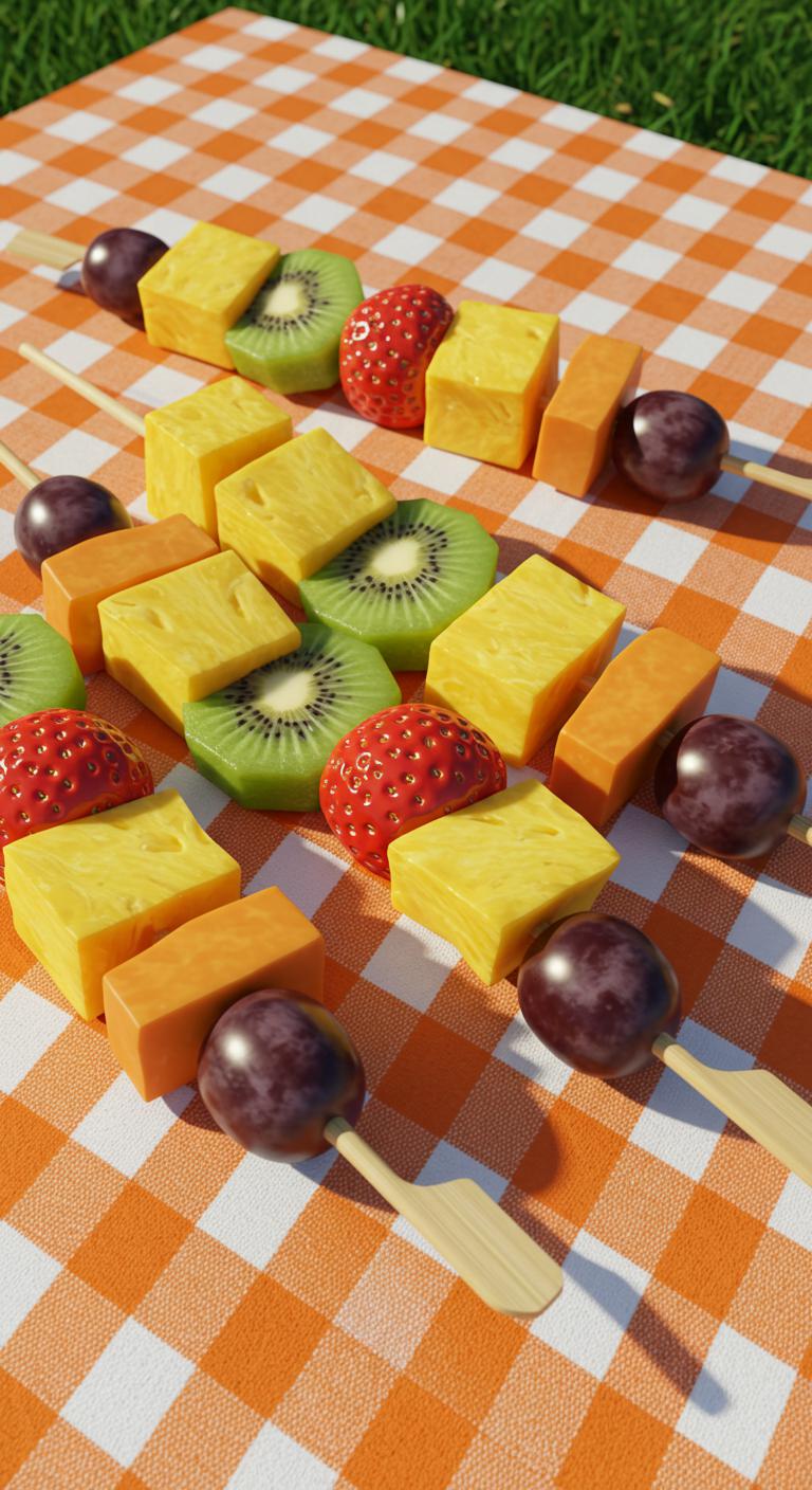 Colorful wooden skewers threaded with chunks of pineapple, strawberries, grapes, and kiwi, displayed on a bright picnic blanket.