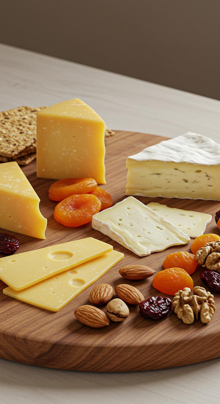An elegant wooden board showcasing a variety of sliced cheeses, whole grain crackers, nuts, and dried fruits, shot with soft natural light.