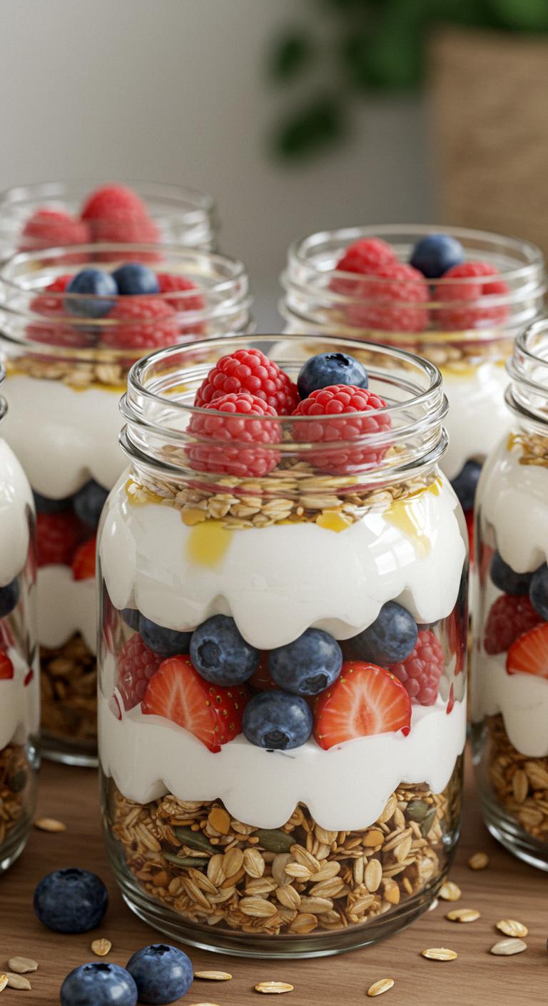Clear mason jars filled with layers of Greek yogurt, homemade granola, and fresh berries, topped with a drizzle of honey.