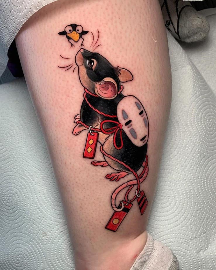 Mouse with No-Face mask and curious bird from Spirited Away