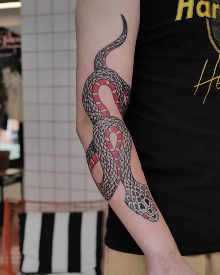 Snake tattoo winding down the arm