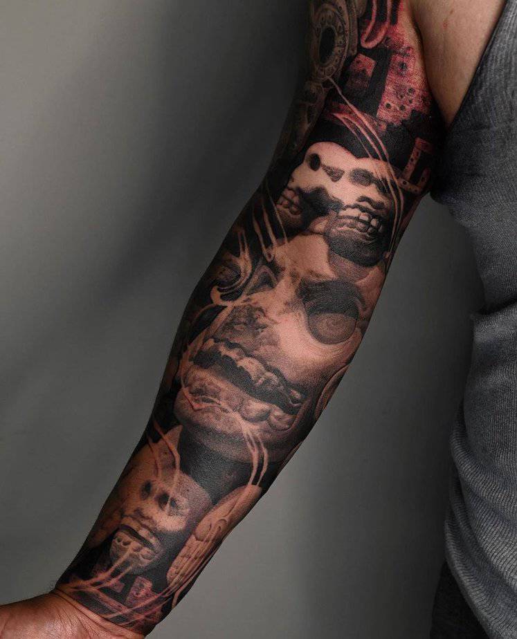 Enigmatic Aztec skull forearm sleeve
