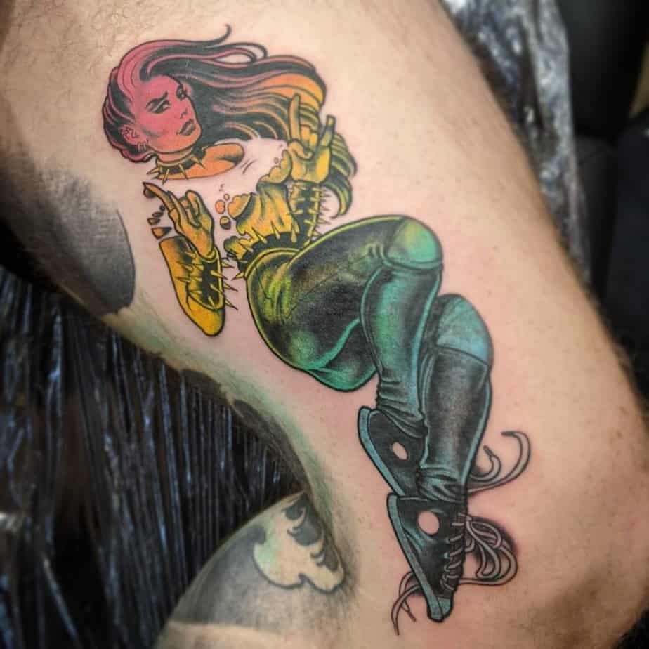 Vibrant comic-style female character tattoo