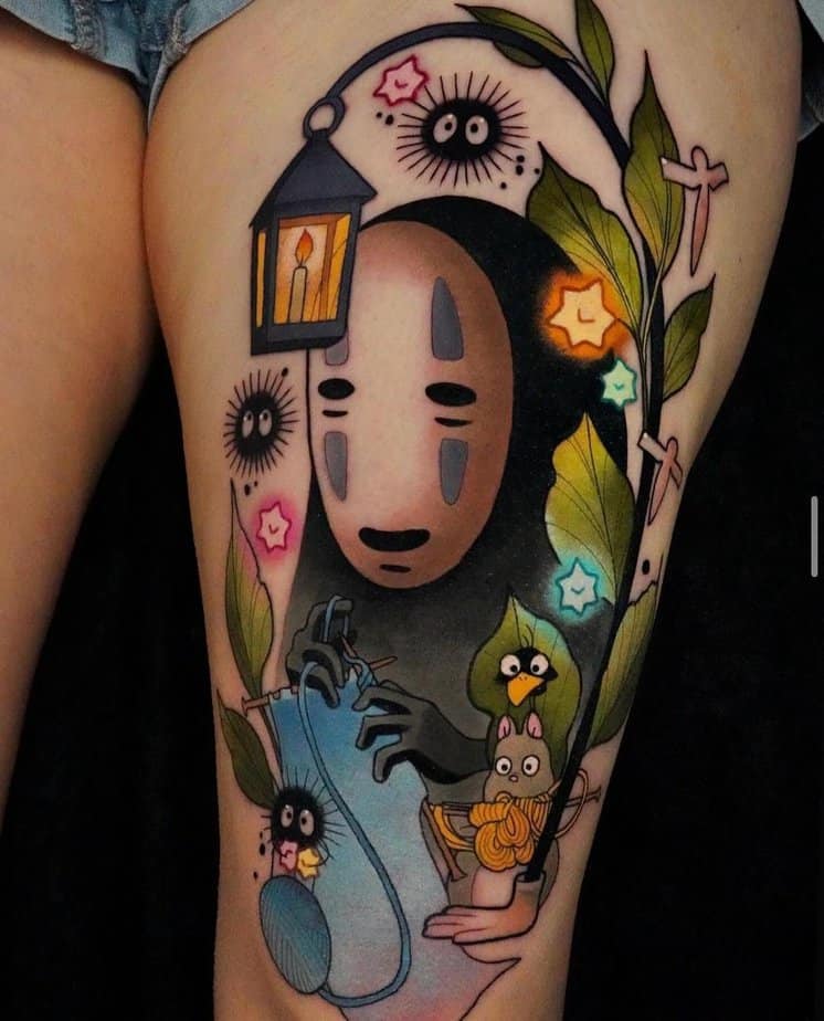 No-Face holding a lantern with Soot Sprites, a bird, and spirits