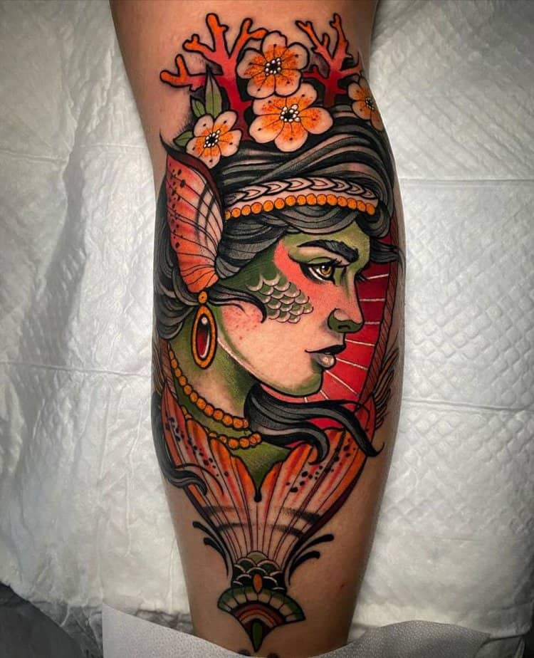 Vibrant vintage siren tattoo