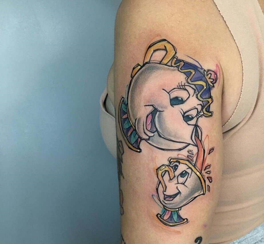 Mrs. Potts and Chip colorful tattoo celebrating Beauty and the Beast