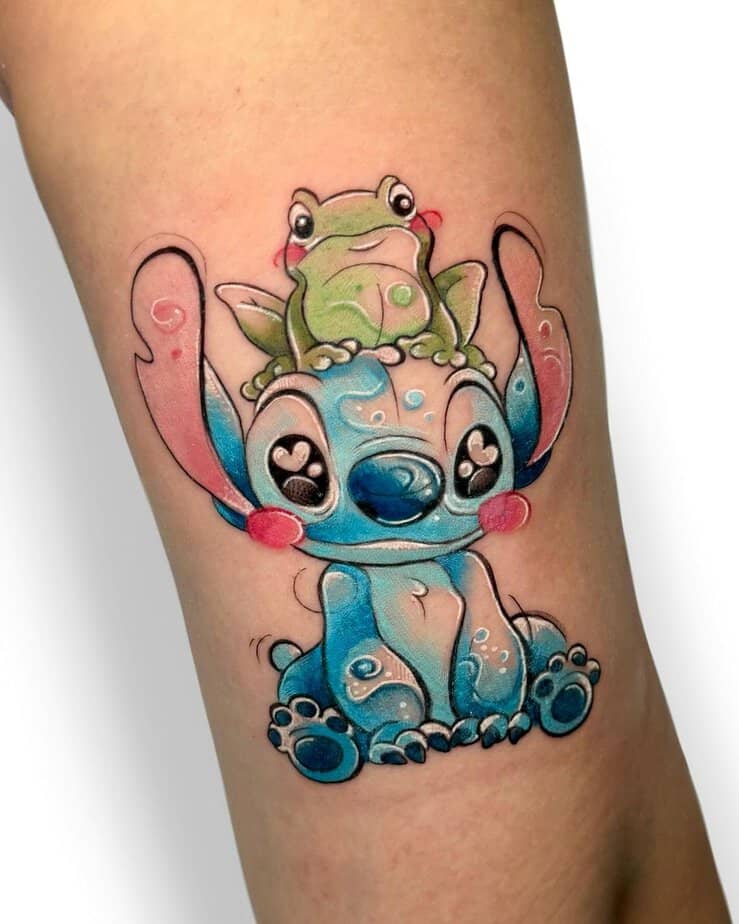Stitch with a frog tattoo