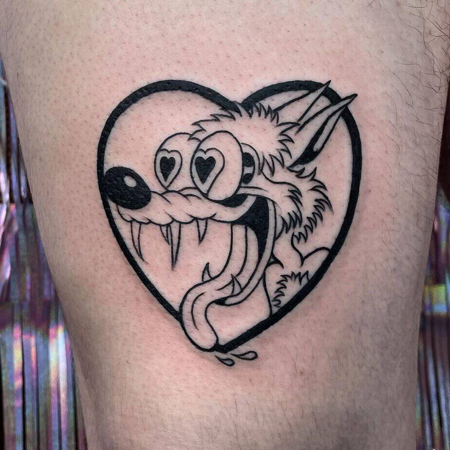 Cartoon wolf in love tattoo