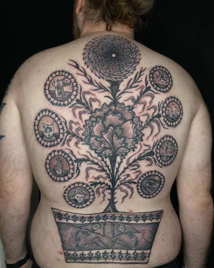 Large tree of life back tattoo with symbols