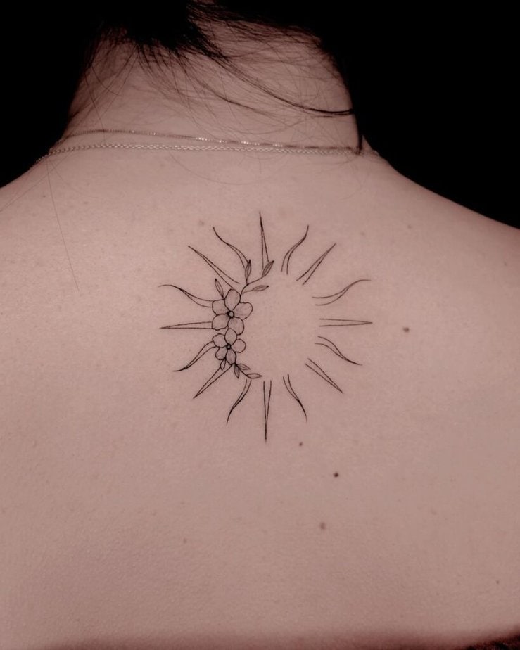 Sun with flowers fine-line tattoo