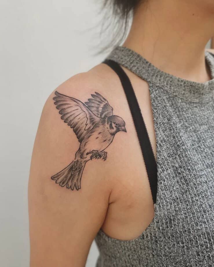 4. A sparrow tattoo on the shoulder