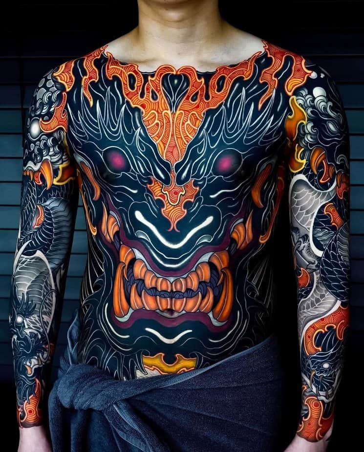 Full-body/torso Hannya tattoo with intricate patterns