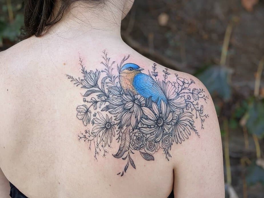 Bluebird with floral backpiece