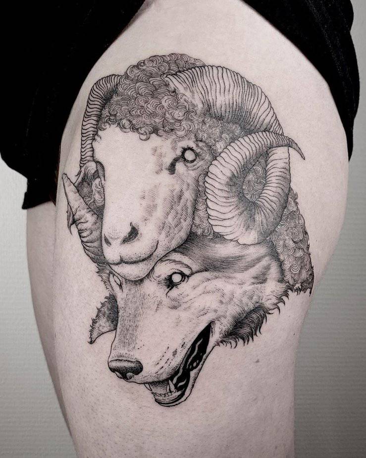 Deceptive ram-and-wolf tattoo