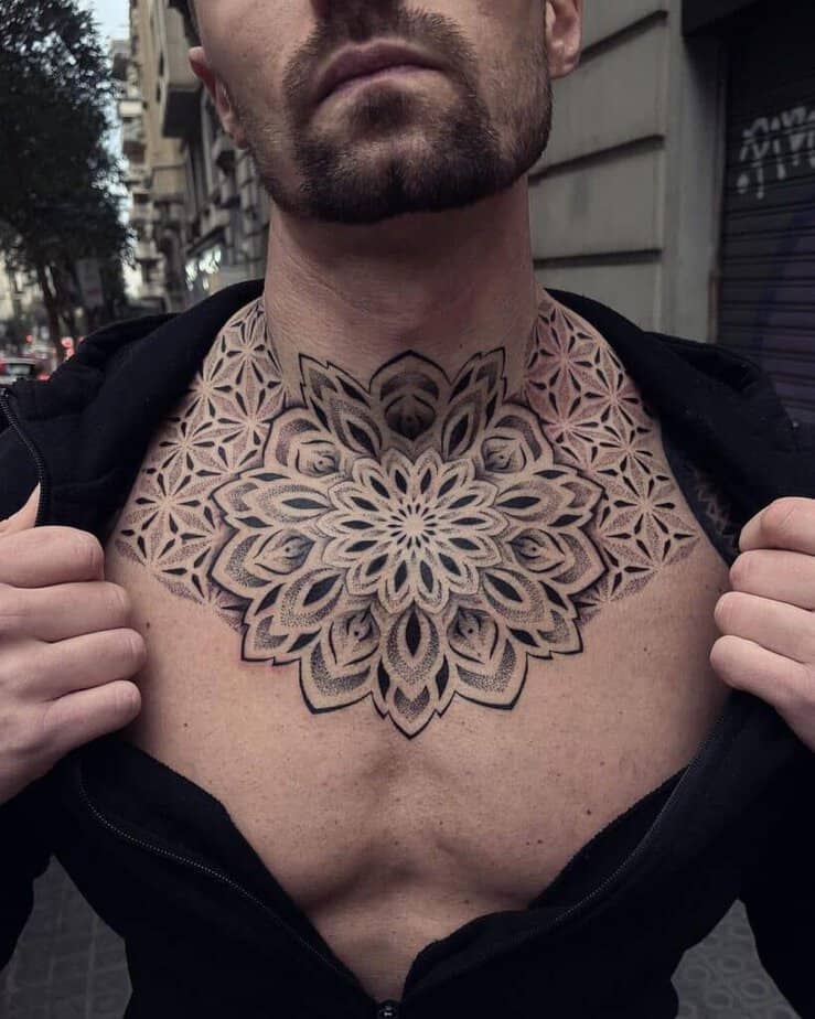 6. A dotwork chest tattoo