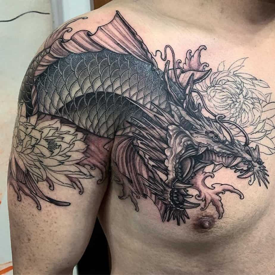 Black and gray dragon koi tattoo