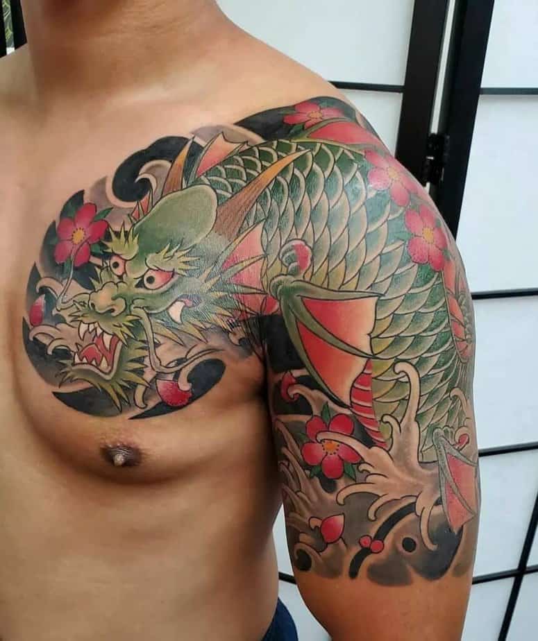Green dragon koi tattoo