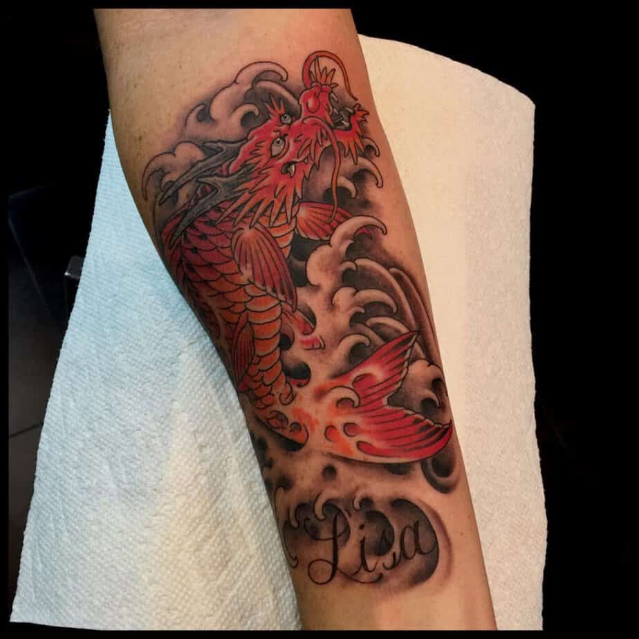 Red dragon koi tattoo