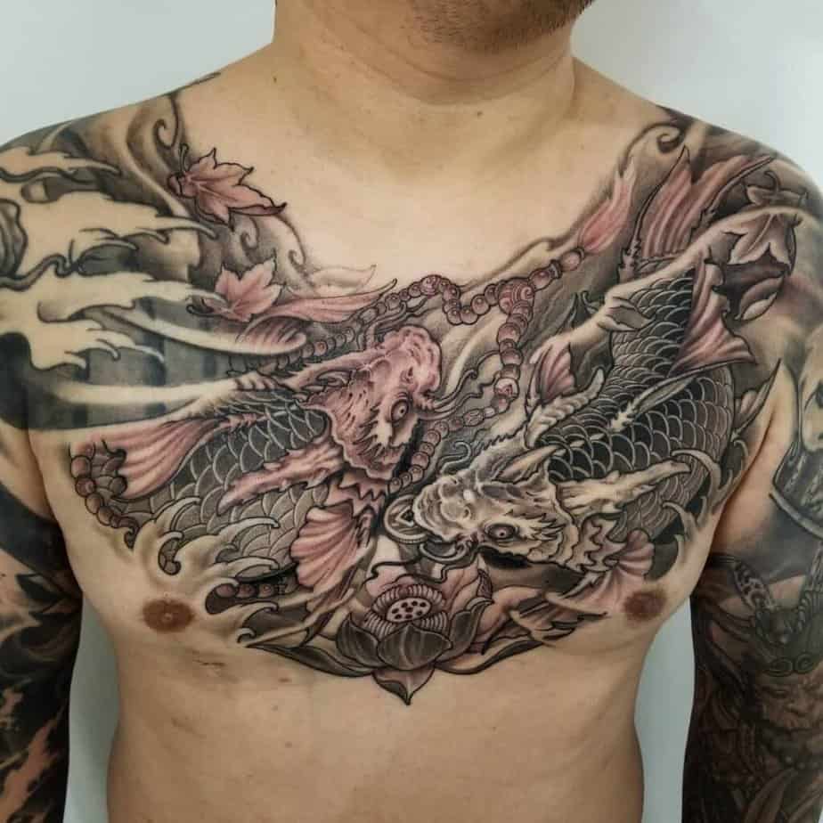 Black and gray dragon koi tattoo