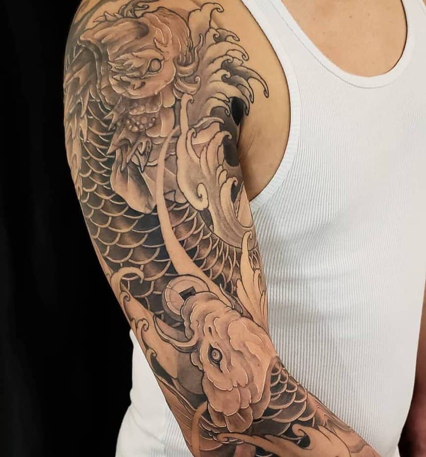 Black and gray dragon koi tattoo