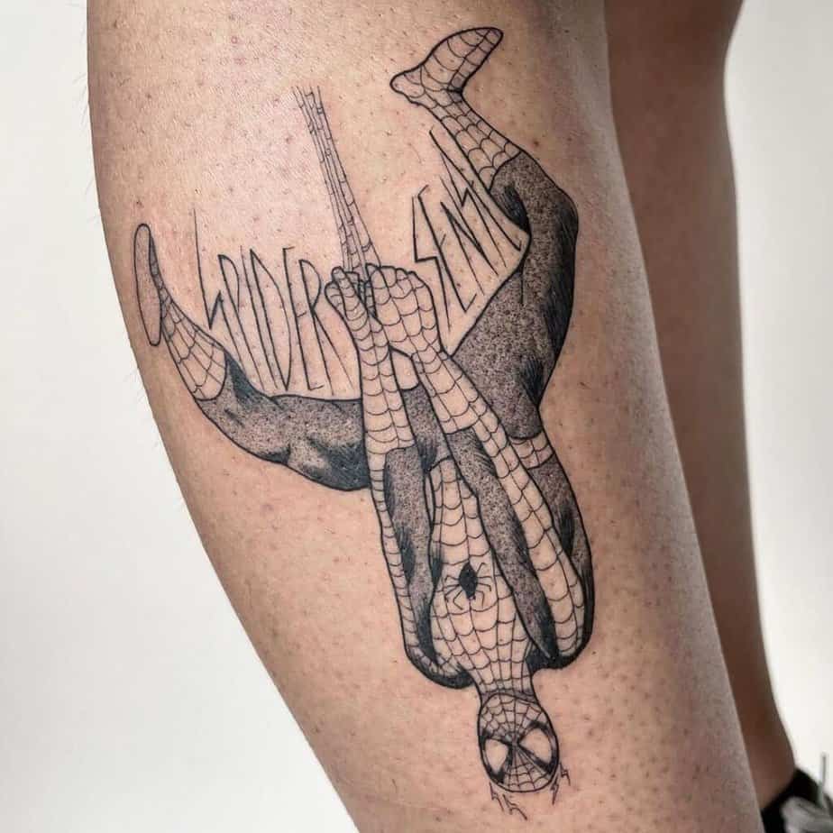 Spiderman tattoo on the leg