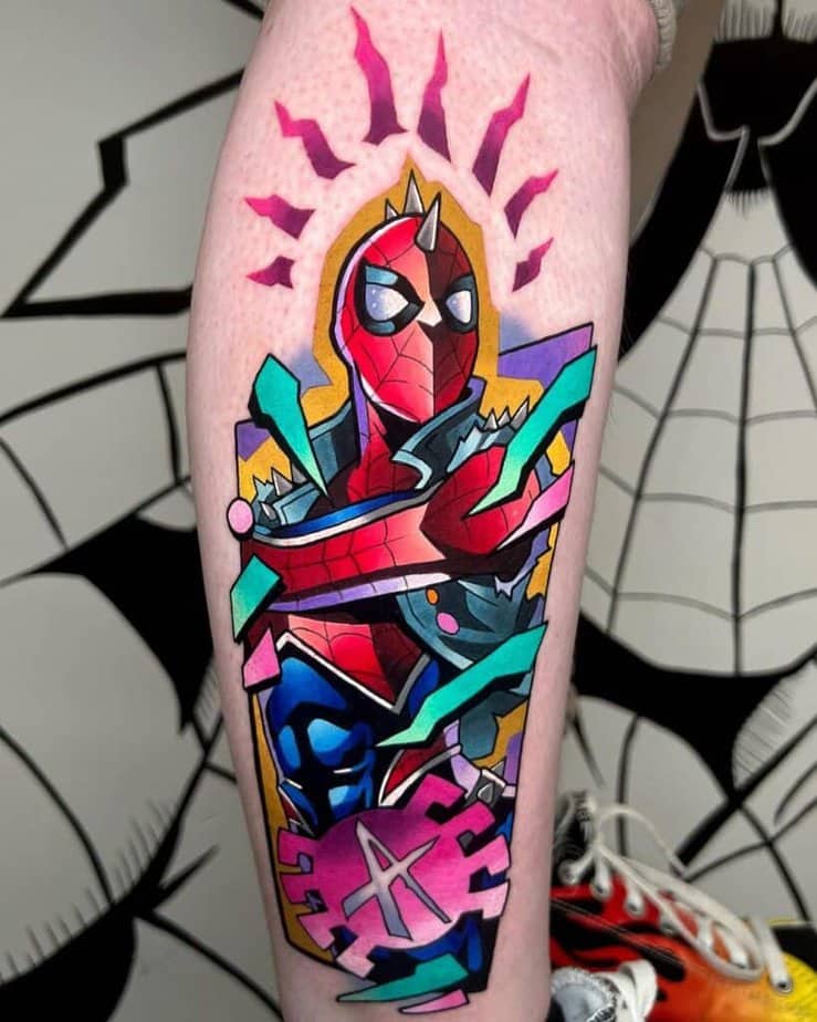 Spiderman tattoo on the leg