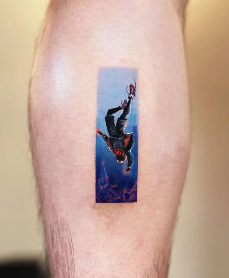 Spiderman tattoo on the leg