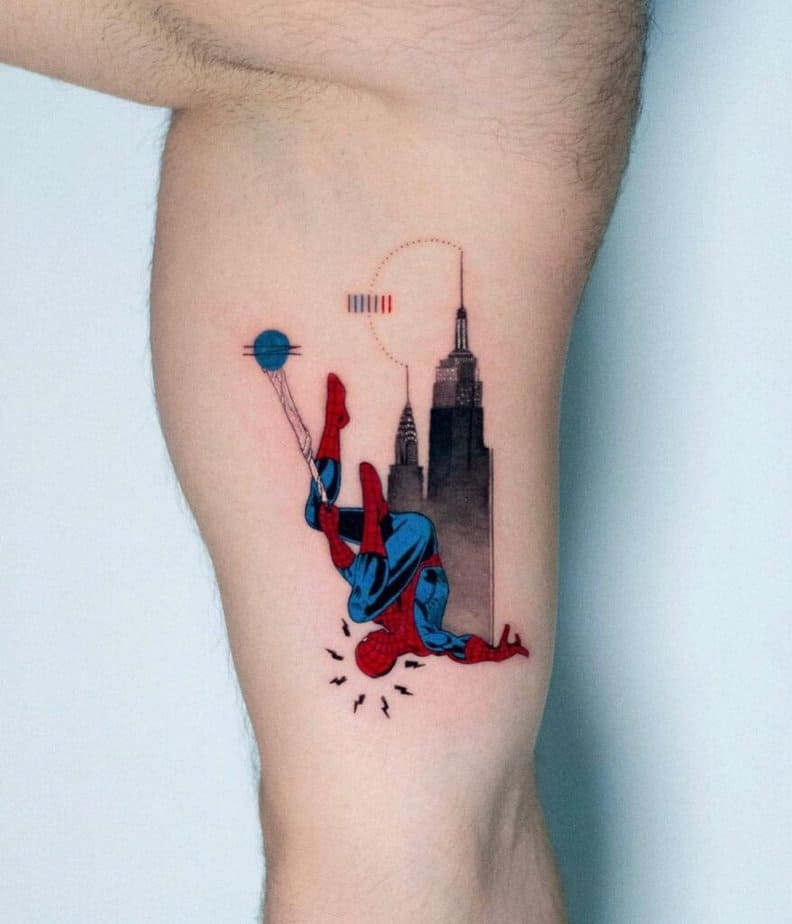 Spiderman tattoo on the leg