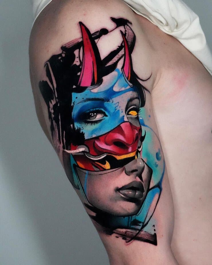 Vibrant Hannya blending abstract colors with traditional elements
