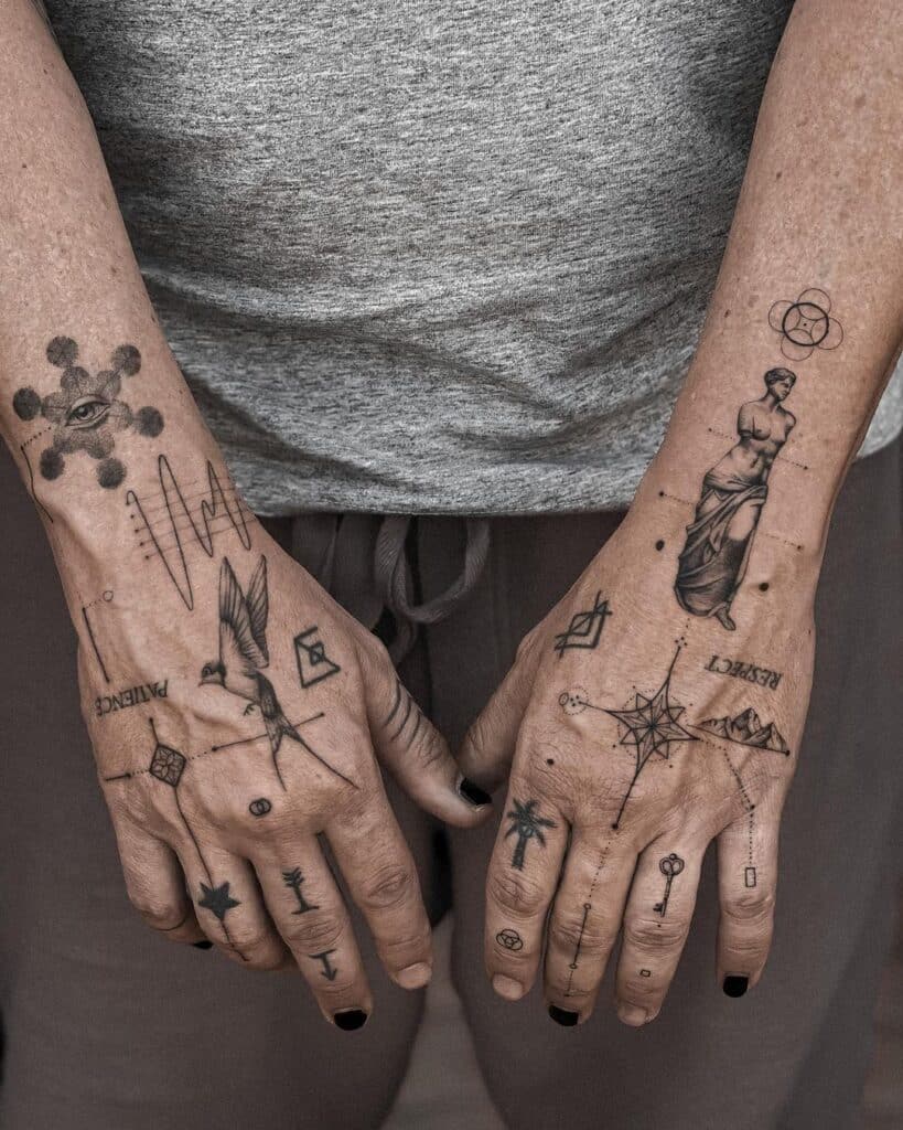 18. Patchwork tattoos on both hands