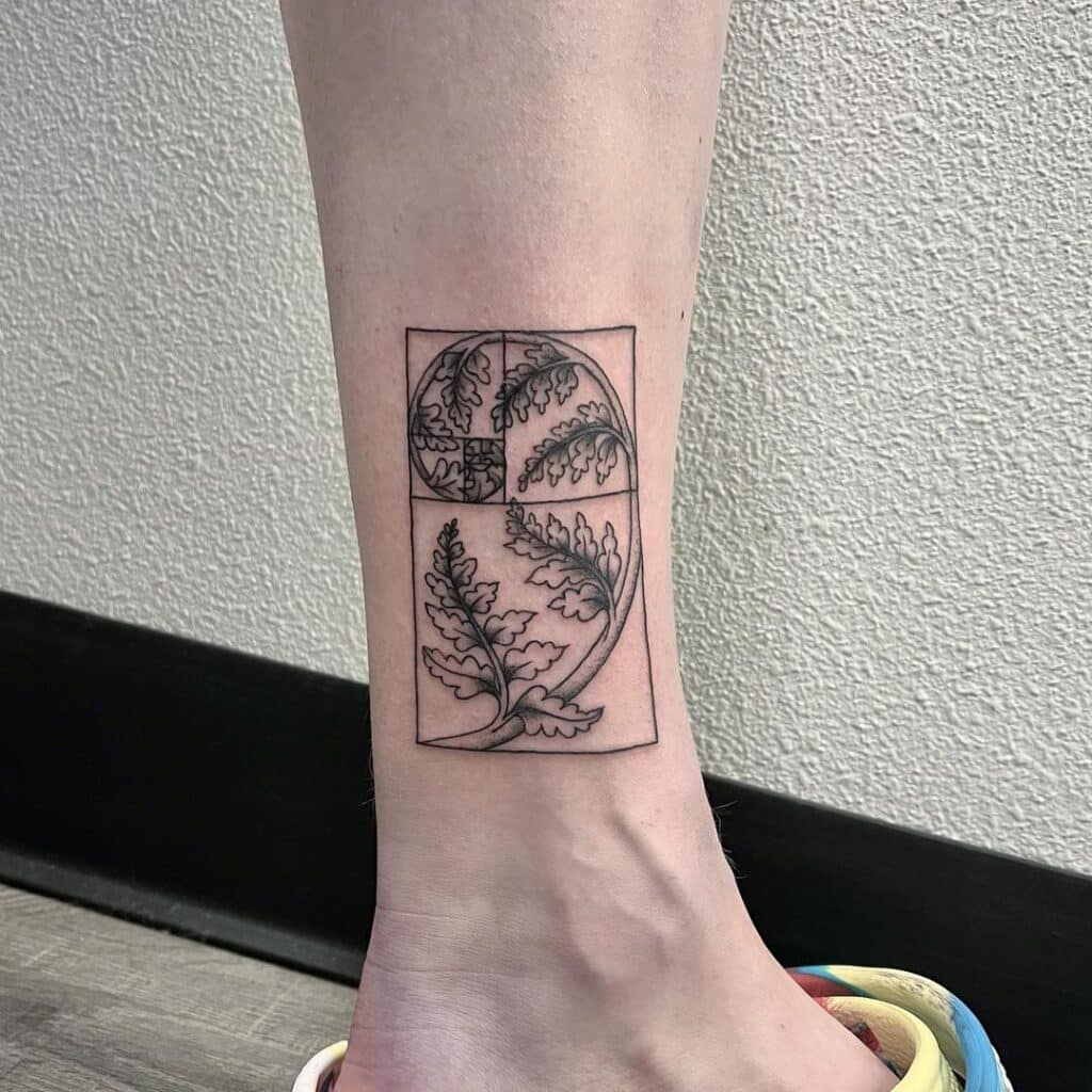 23. A Fibonacci fiddlehead fern ankle tattoo