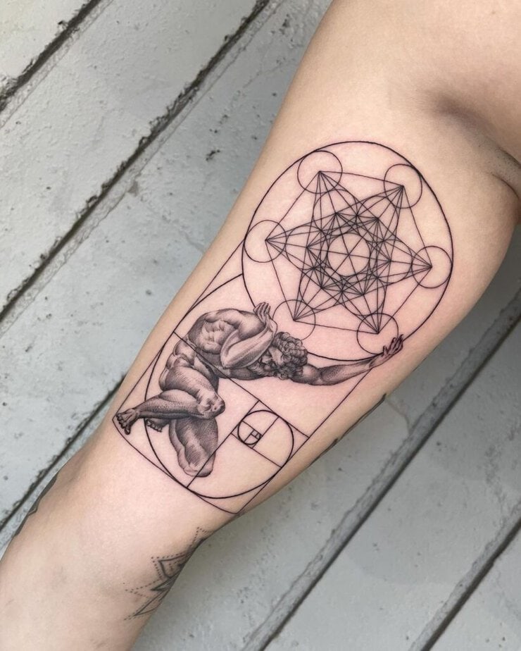 7. A tattoo of Atlas, the Fibonacci Sequence, and Metatron&rsquo;s Cube
