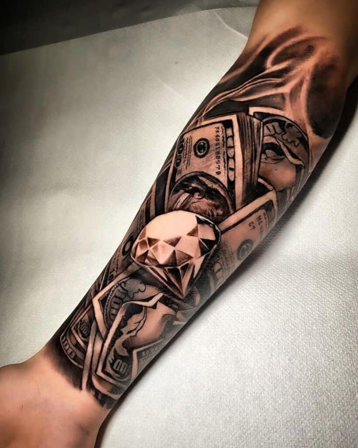Half-sleeve money tattoo