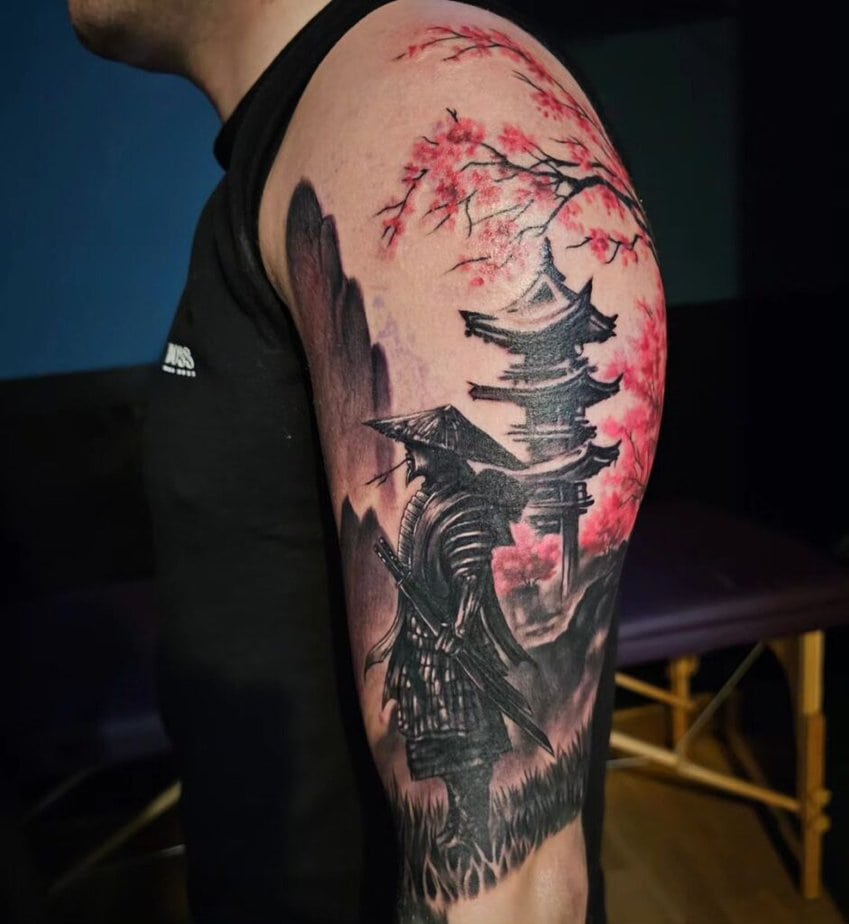 Samurai tattoo with red ink
