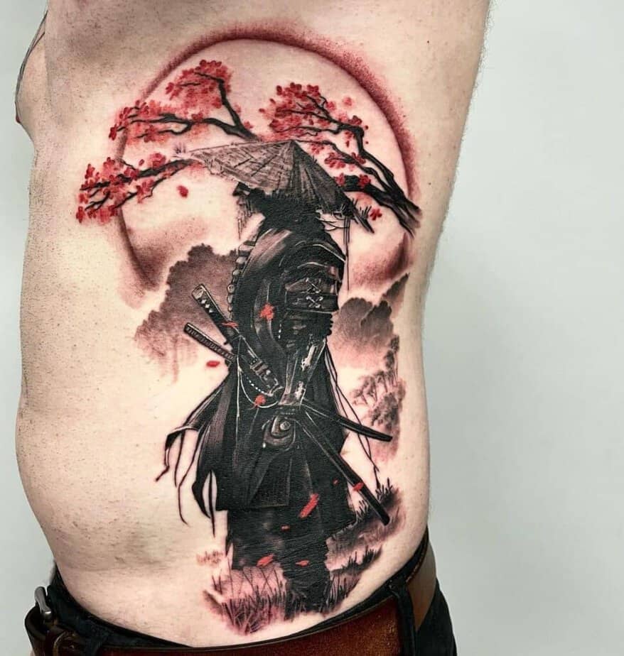 Samurai tattoo with red ink