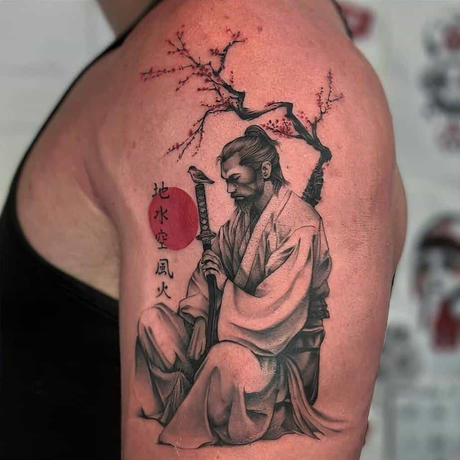 Samurai tattoo with red ink