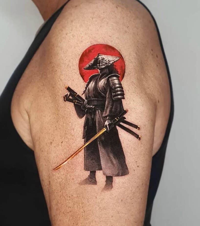 Samurai tattoo with red ink