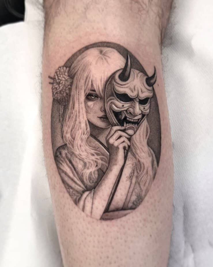 Delicate black and grey Hannya portraying hidden beauty