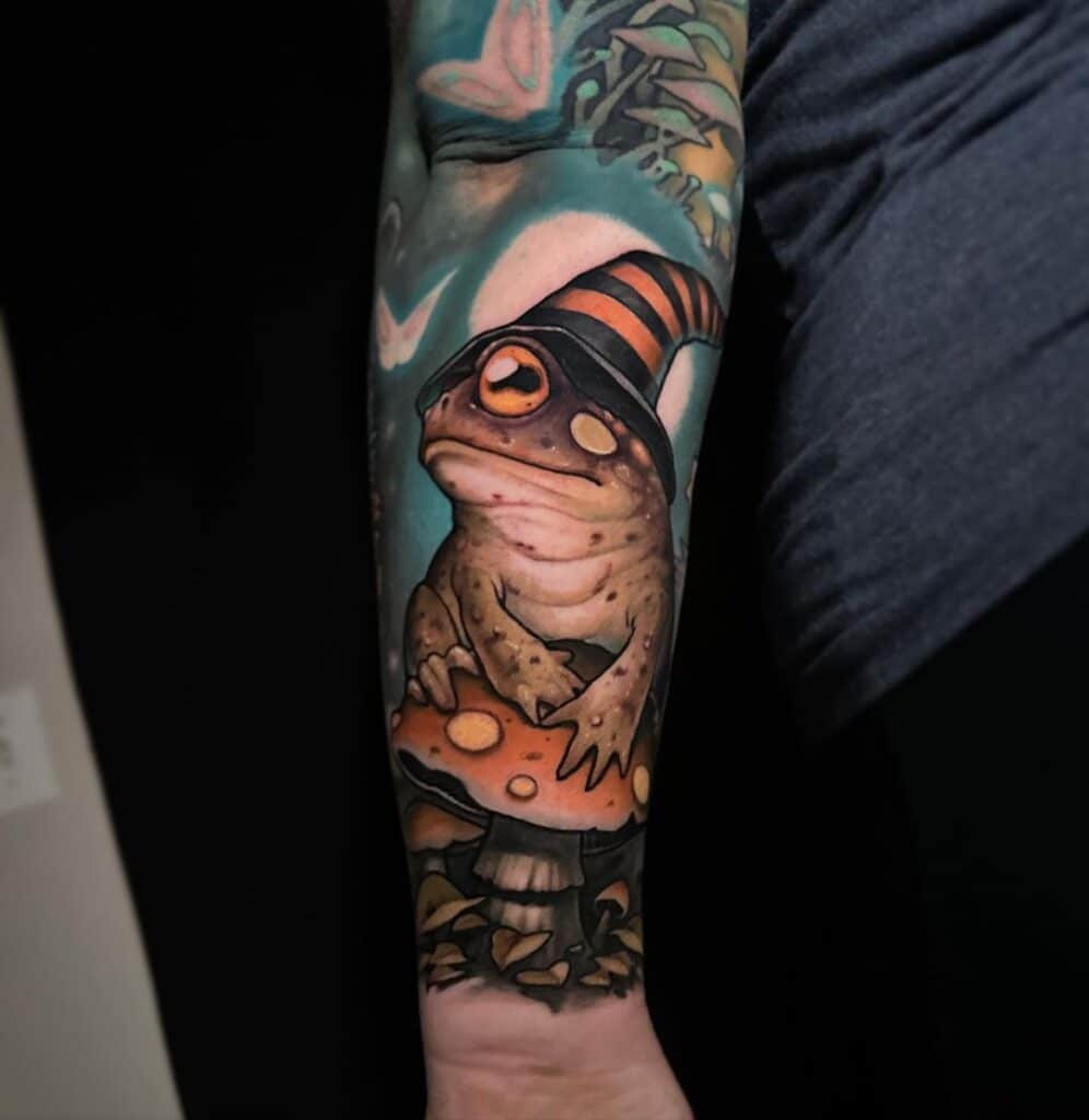 Witchy frog tattoo