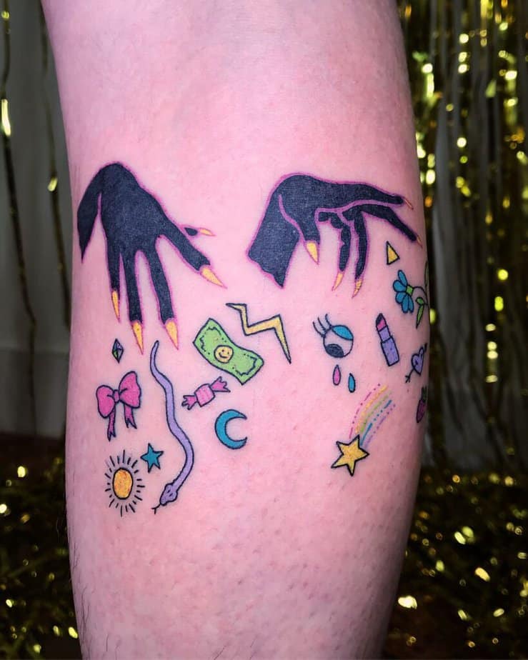 Colorful witch hands tattoo