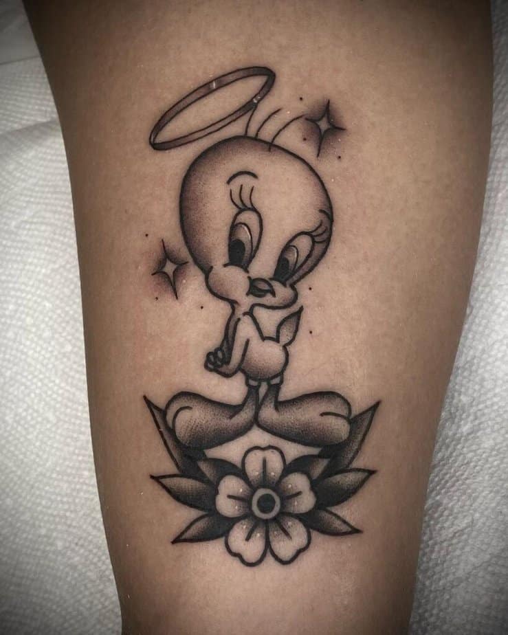 Black and gray Tweety tattoo