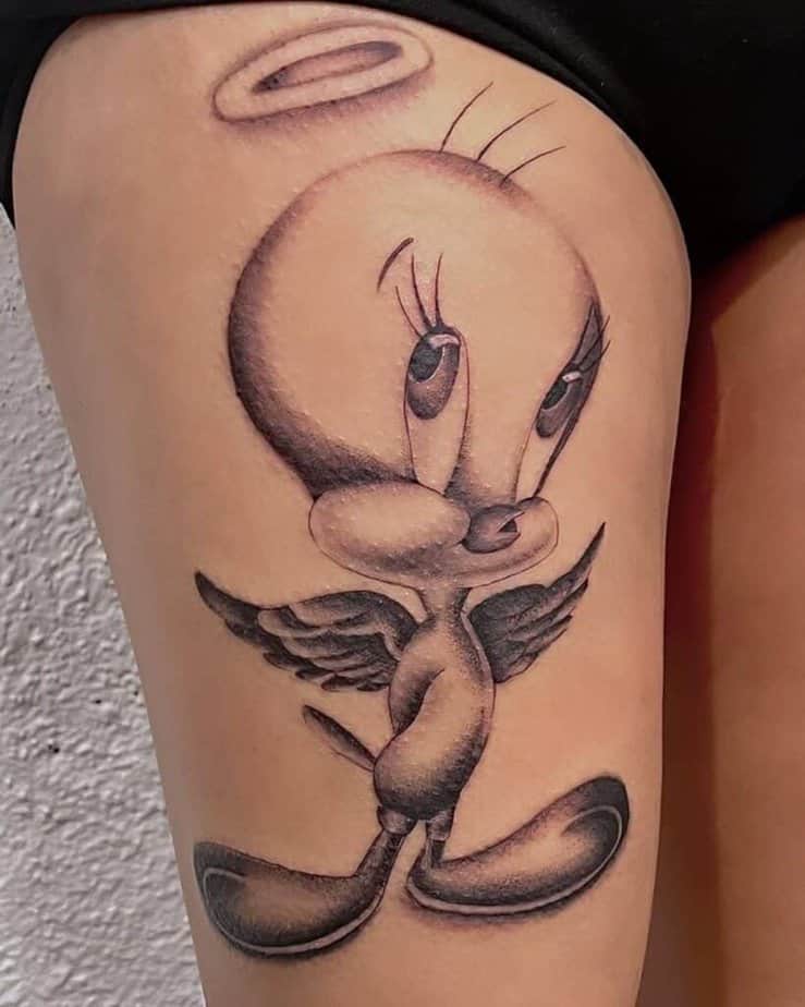 Black and gray Tweety tattoo