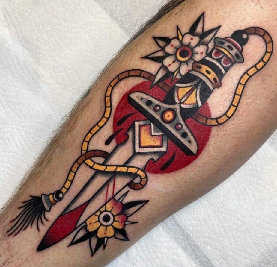 Color traditional dagger tattoo