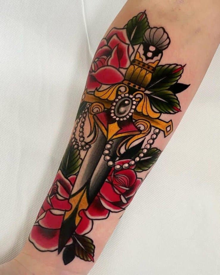 Color traditional dagger tattoo