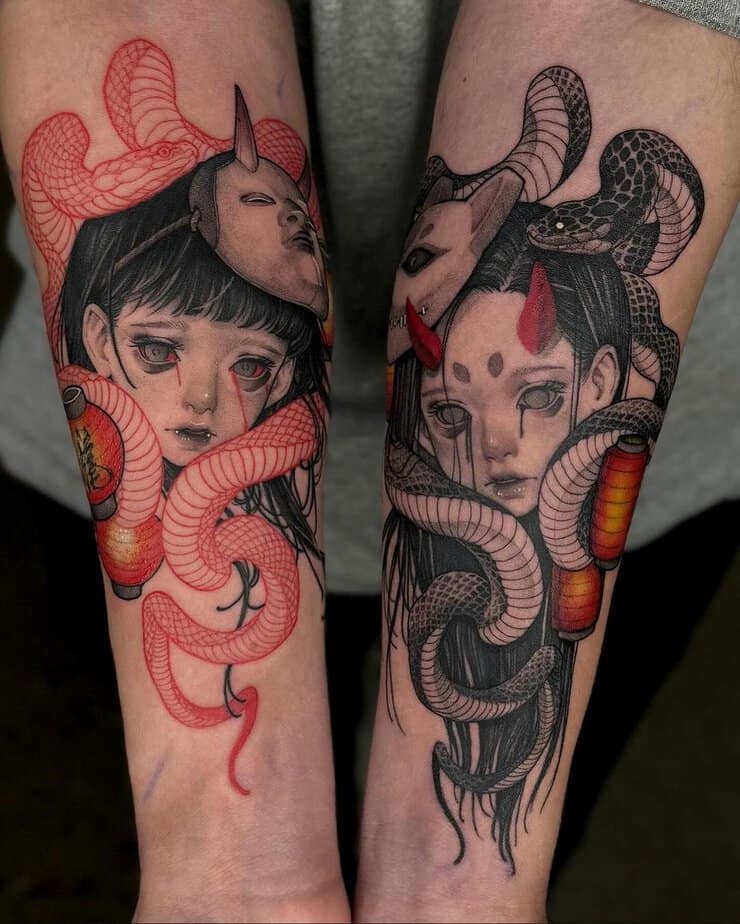 Matching arm Hannya tattoos with serpents
