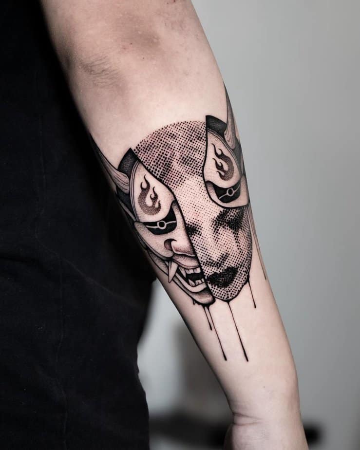 Hannya tattoo with intricate dot work