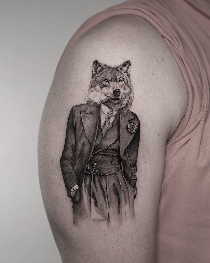 Dapper wolf in suit tattoo