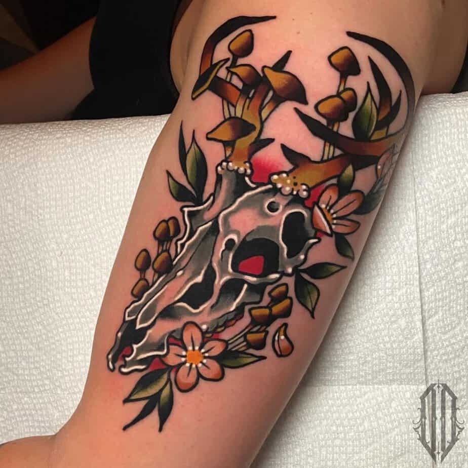 Vibrant deer skull tattoo