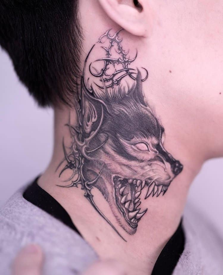 Neck wolf tattoo